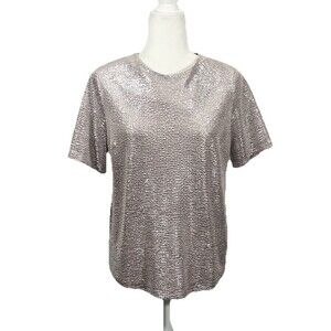 Monteau Rose Pink Shimmer Blouse Size Large Metallic S/S Sparkle Blouse